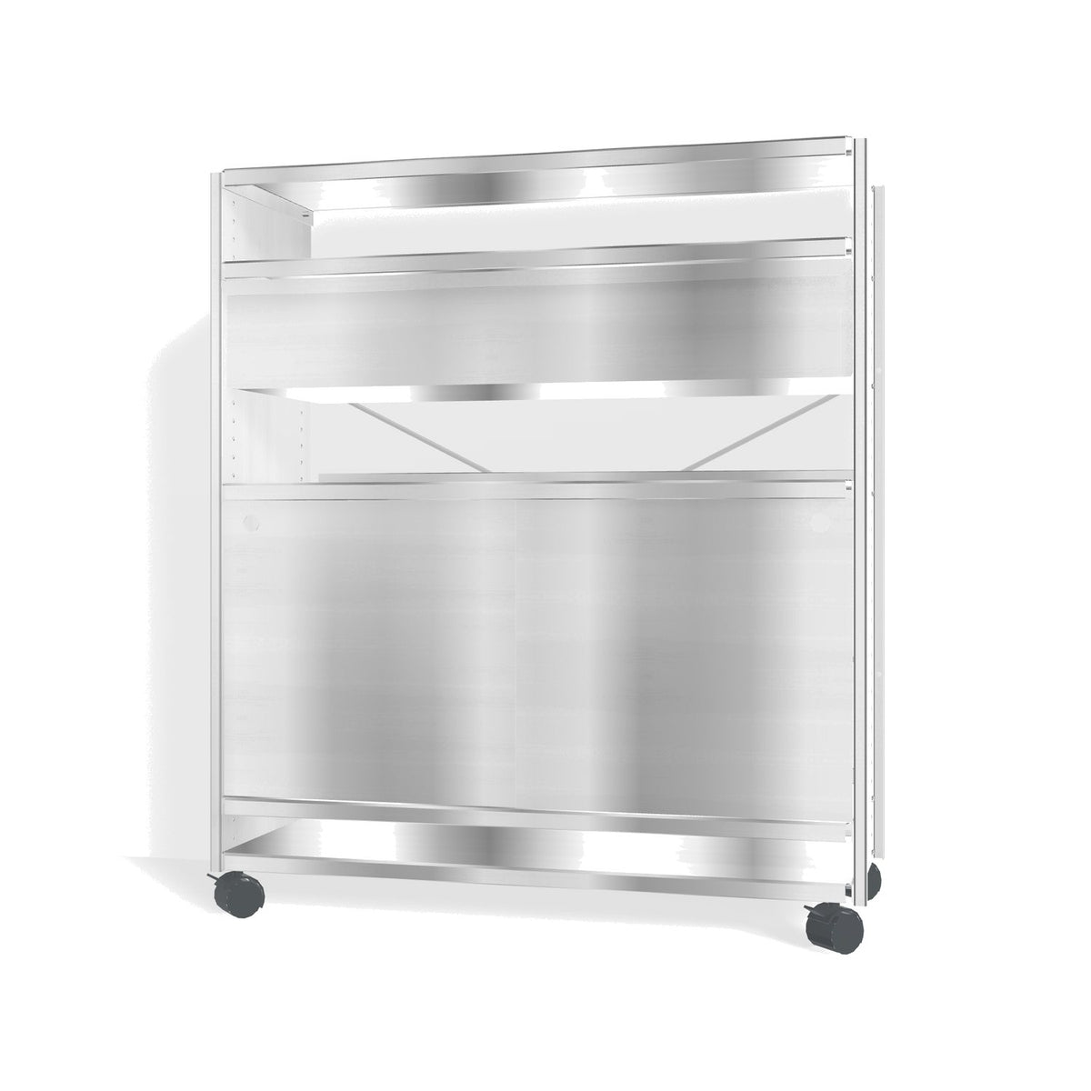 Lehni Aluminium Shelf System Highboard, with drawer and sliding door, on casters - Blank Aluminum - Lehni