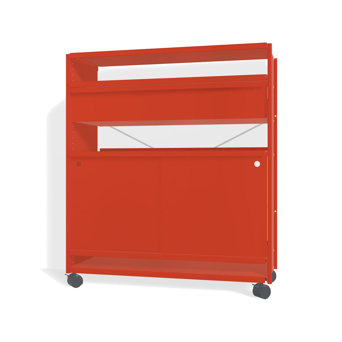 Lehni Aluminium Shelf System Highboard, with drawer and sliding door, on casters - Vermilion - Lehni