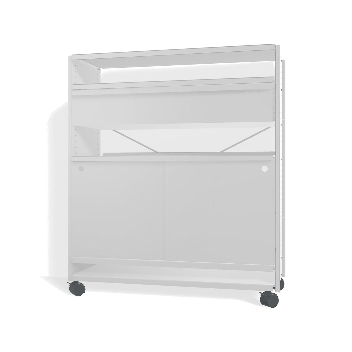 Lehni Aluminium Shelf System Highboard, with drawer and sliding door, on casters - Colorless Anodized - Lehni