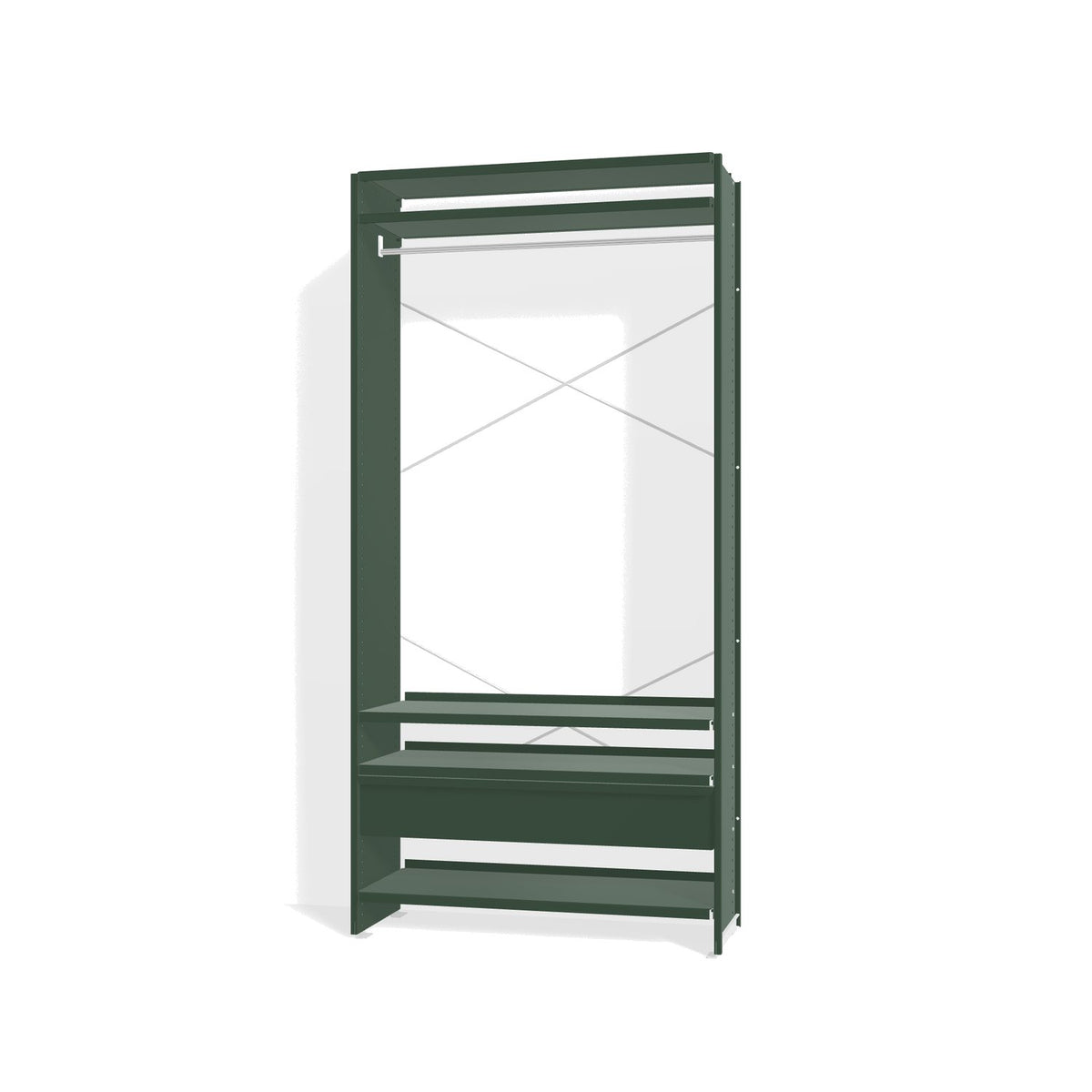 Lehni Aluminium Shelf System Wardrobe, with clothes rail and drawer - Fir Green - Lehni